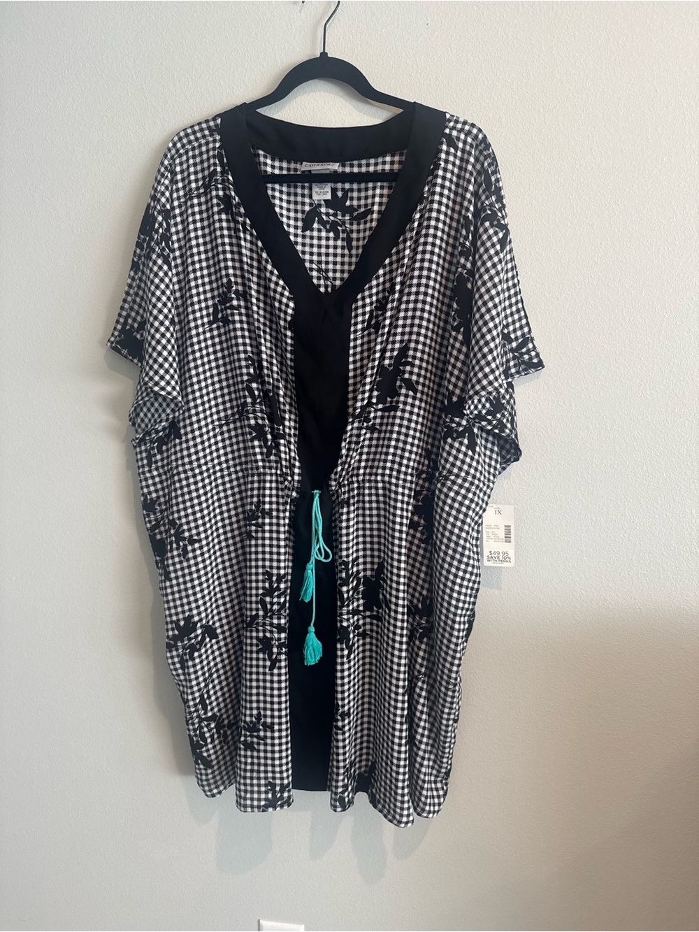 Black and White Gingham Floral Swimsuit Cover Up with Tassel Tie